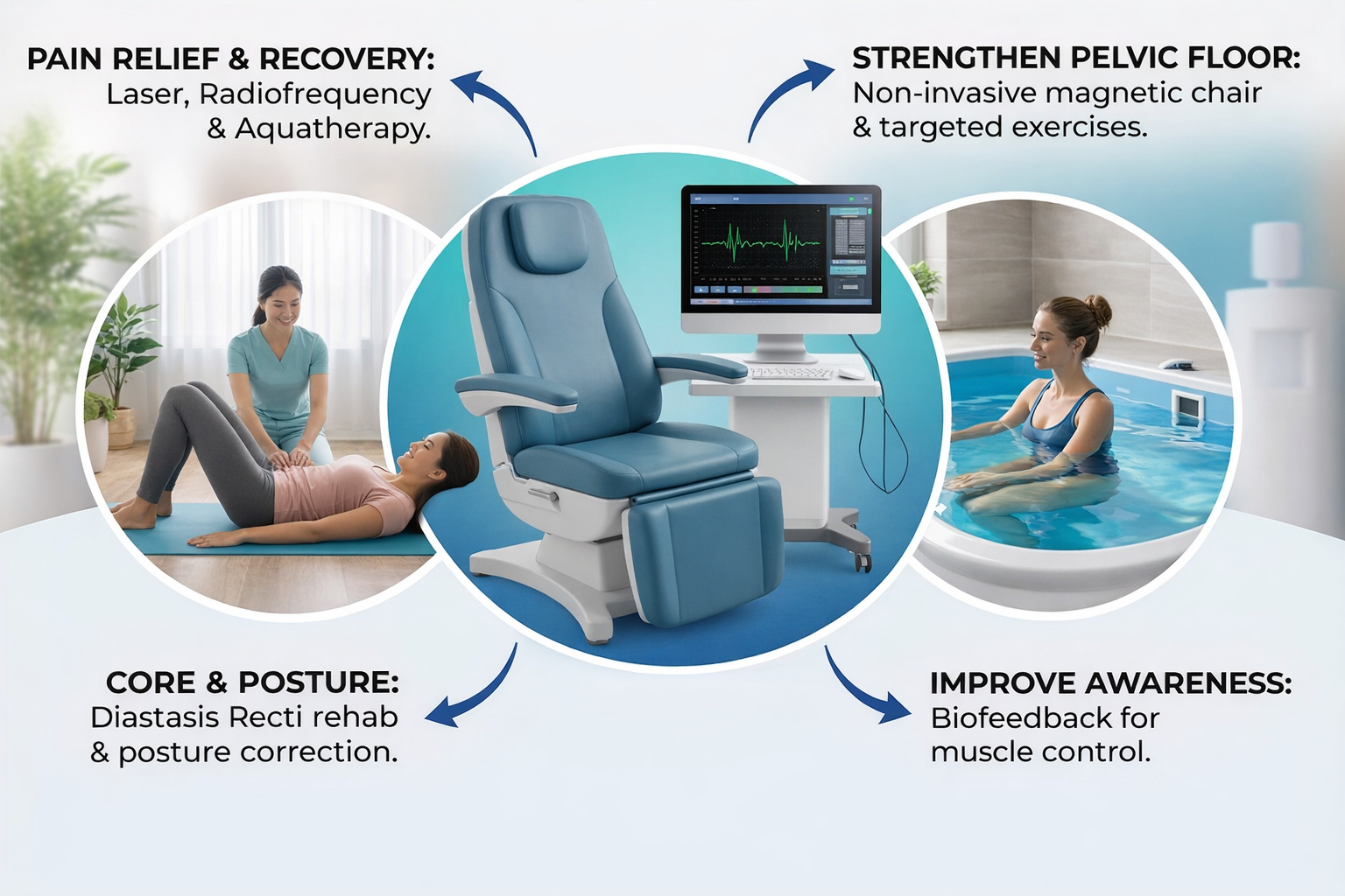Gynaecology and women's health rehabilitation equipment including pelvic floor trainers, biofeedback systems, and targeted exercise programs
